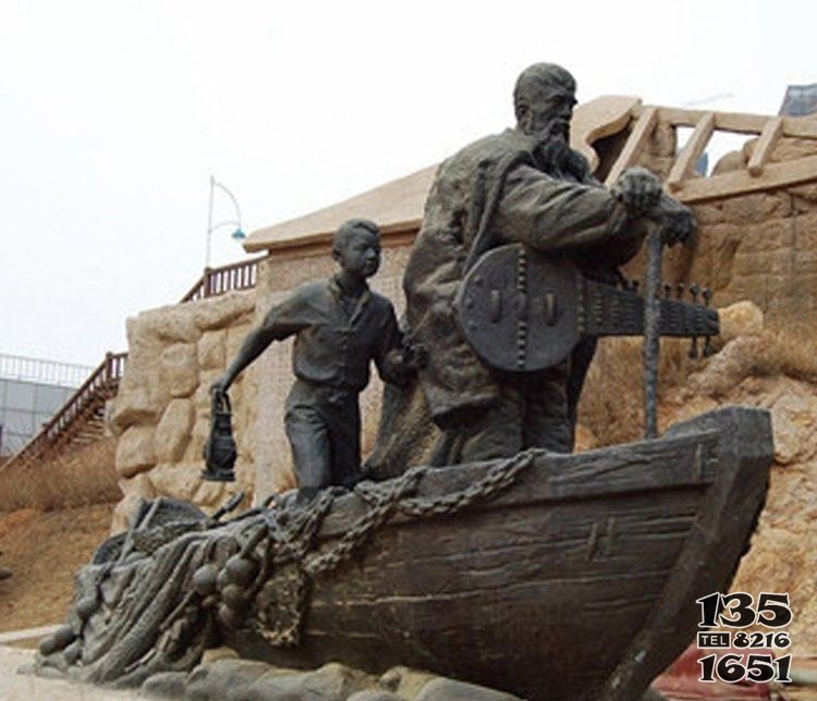 景区渔船渔民铜雕图片