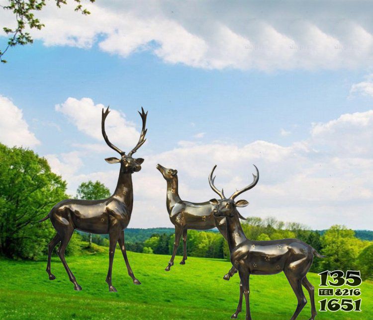广场铜雕跳跃梅花鹿动物雕塑图片