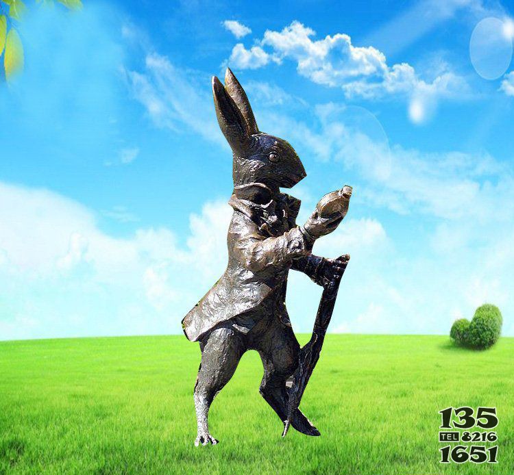 广场铜雕小兔挖萝卜动物雕塑图片