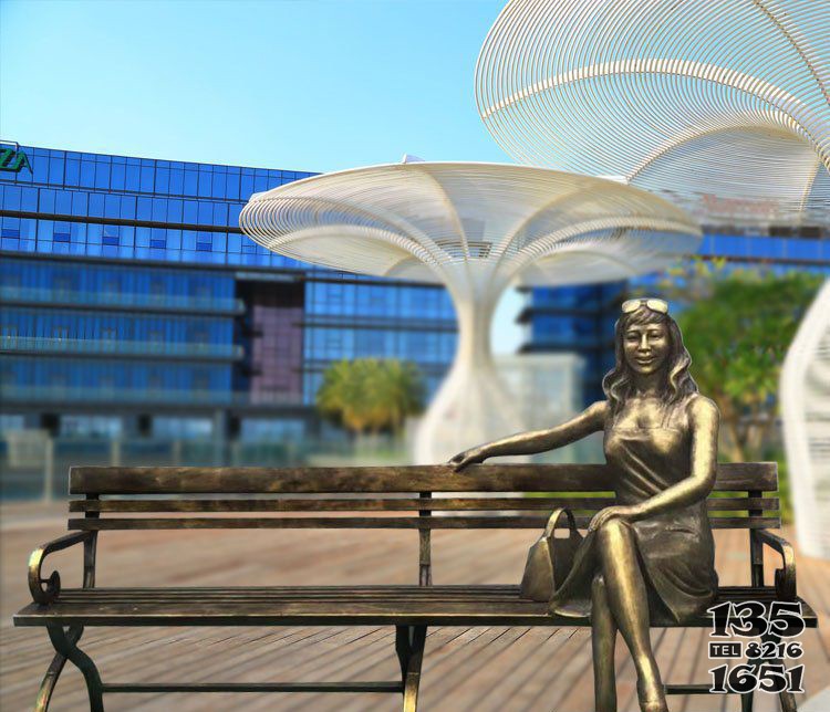 公园景观摆件坐在长椅上的女郎铜雕图片
