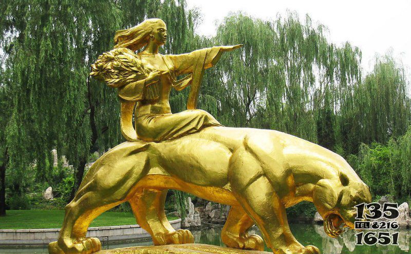 园林骑狮子的美女人物景观铜雕图片