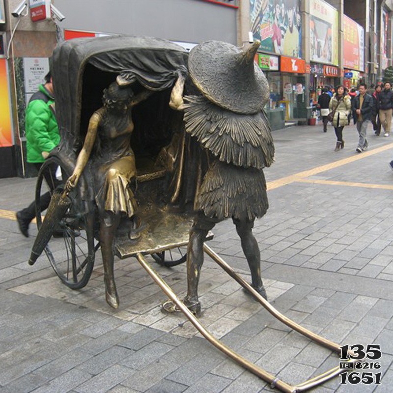 步行街铸铜人物拉黄包车雕塑摆件图片